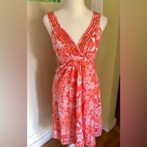 Tommy Bahama Tropical Print Embroidered Mini Dress Smocked Orange Size Small